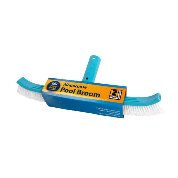 All-purpose pool broom with blue handle and yellow label on a white background