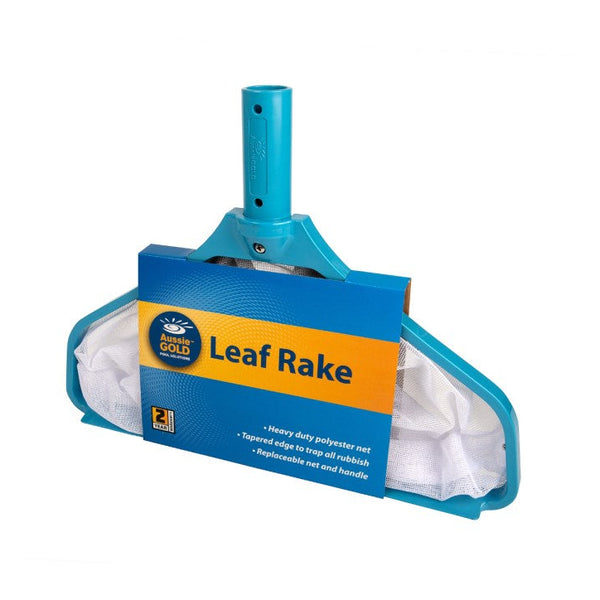 Blue leaf rake with a white handle on a white background