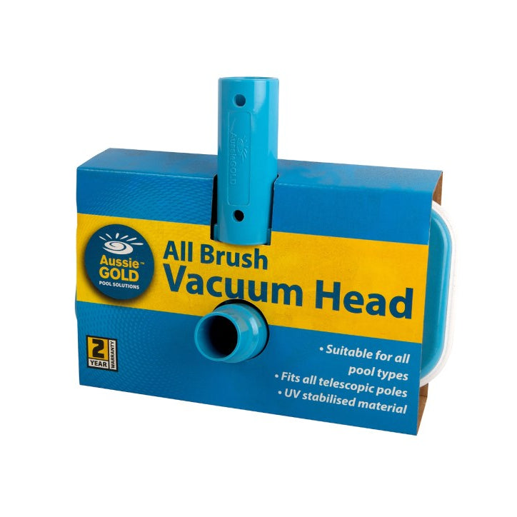 Blue and yellow pool vacuum head packaging on a white background