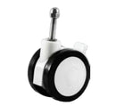 A white and black caster wheel with a silver metal stem, shown against a solid gray background.